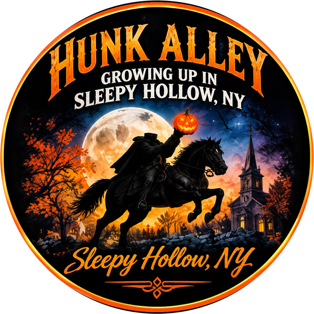 Hunk Alley logo, the Headless Horseman riding past the Old Dutch Church
